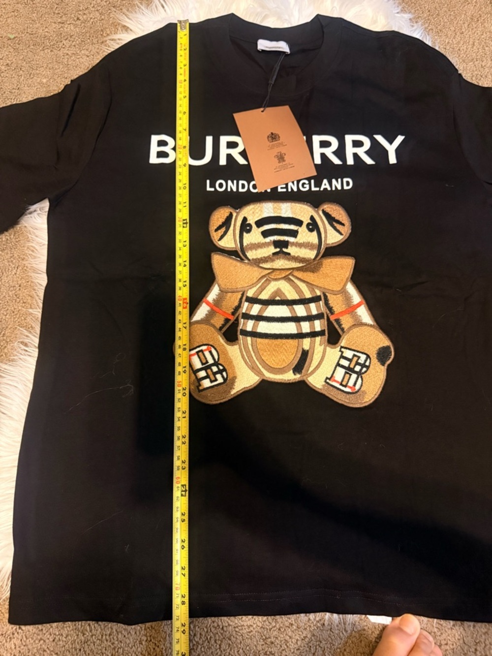 Burberry Black Tee with Embroidered Plaid Teddy Motif - Picture 2 of 6